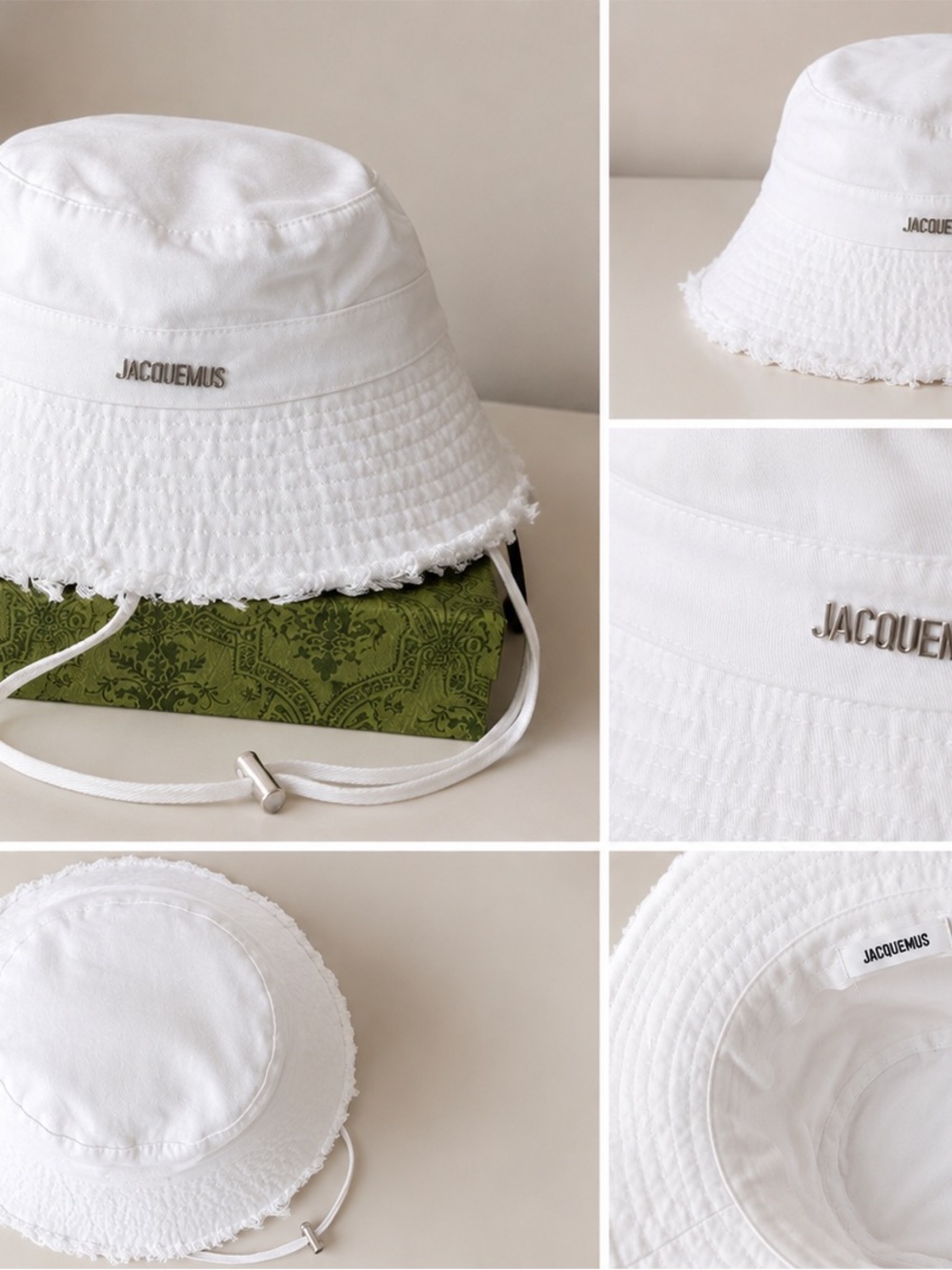 Jacquemus Kids White Frayed-Edge Bucket Hat with Chin Strap